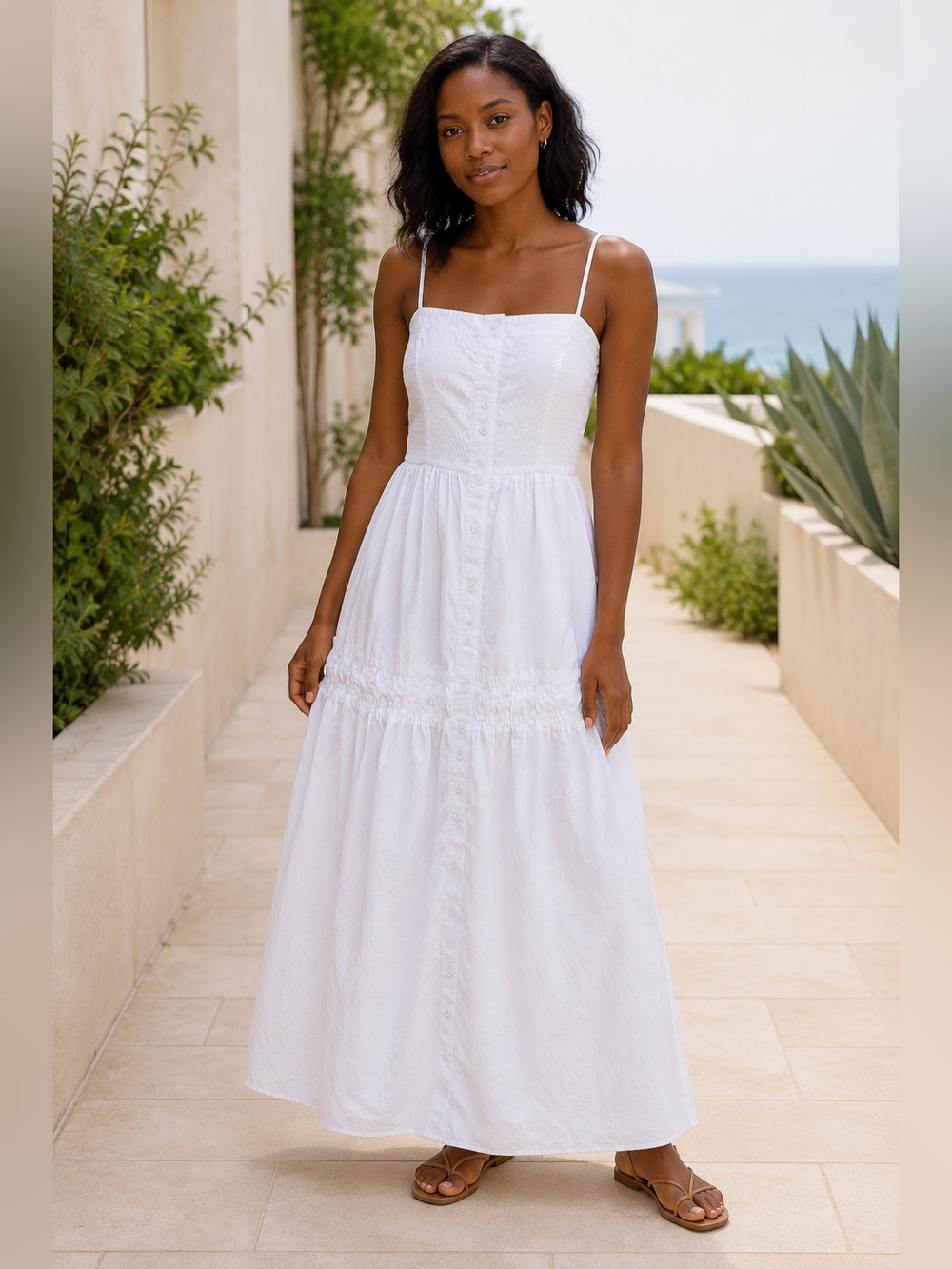 J.Crew White Regenerative Cotton Button-Front Smocked Maxi Dress Size 12